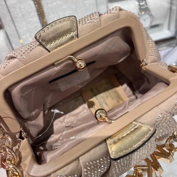 NWT MICHAEL MICHAEL KORS Nola Small Crystal Clutch Chain Crossbody pale gold - Picture 9 of 10